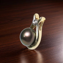 Load image into Gallery viewer, Black Pearl Love Pendant – 14k Yellow Gold + Diamond