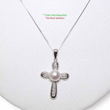 Load image into Gallery viewer, White Pearl Cross Pendant – 14k White Gold + Diamonds