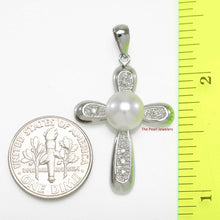 Load image into Gallery viewer, White Pearl Cross Pendant – 14k White Gold + Diamonds