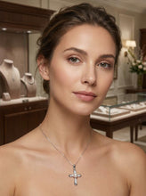 Load image into Gallery viewer, White Pearl Cross Pendant – 14k White Gold + Diamonds