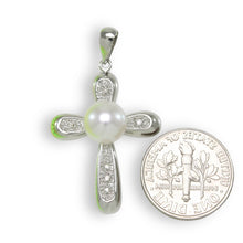 Load image into Gallery viewer, White Pearl Cross Pendant – 14k White Gold + Diamonds