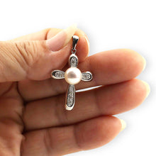 Load image into Gallery viewer, White Pearl Cross Pendant – 14k White Gold + Diamonds