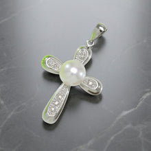 Load image into Gallery viewer, White Pearl Cross Pendant – 14k White Gold + Diamonds