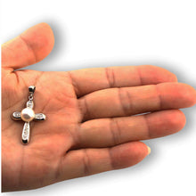 Load image into Gallery viewer, White Pearl Cross Pendant – 14k White Gold + Diamonds