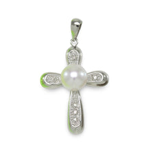 Load image into Gallery viewer, White Pearl Cross Pendant – 14k White Gold + Diamonds