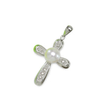 Load image into Gallery viewer, White Pearl Cross Pendant – 14k White Gold + Diamonds