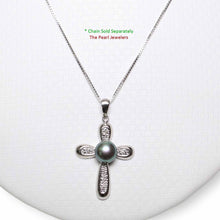 Load image into Gallery viewer, Black Pearl Cross Pendant – 14k White Gold + Diamonds