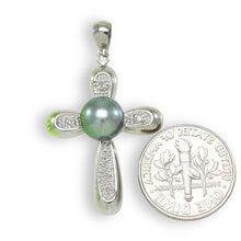 Load image into Gallery viewer, Black Pearl Cross Pendant – 14k White Gold + Diamonds