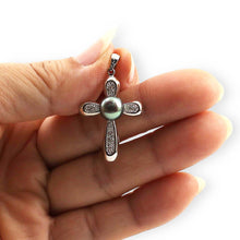 Load image into Gallery viewer, Black Pearl Cross Pendant – 14k White Gold + Diamonds