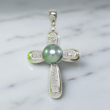 Load image into Gallery viewer, Black Pearl Cross Pendant – 14k White Gold + Diamonds