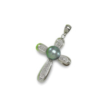 Load image into Gallery viewer, Black Pearl Cross Pendant – 14k White Gold + Diamonds
