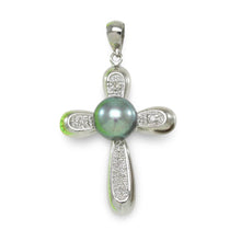 Load image into Gallery viewer, Black Pearl Cross Pendant – 14k White Gold + Diamonds