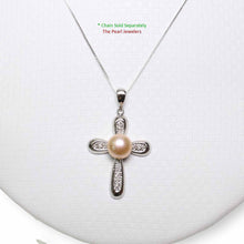 Load image into Gallery viewer, Pink Pearl Cross Pendant – 14k White Gold + Diamonds