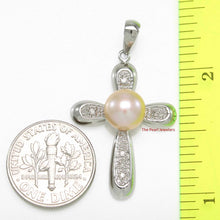 Load image into Gallery viewer, Pink Pearl Cross Pendant – 14k White Gold + Diamonds