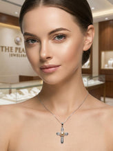 Load image into Gallery viewer, Pink Pearl Cross Pendant – 14k White Gold + Diamonds