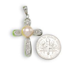 Load image into Gallery viewer, Pink Pearl Cross Pendant – 14k White Gold + Diamonds