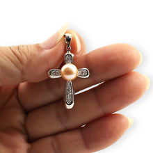 Load image into Gallery viewer, Pink Pearl Cross Pendant – 14k White Gold + Diamonds