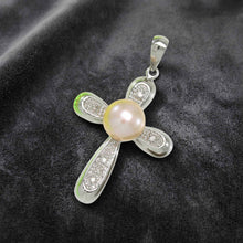 Load image into Gallery viewer, Pink Pearl Cross Pendant – 14k White Gold + Diamonds