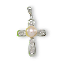 Load image into Gallery viewer, Pink Pearl Cross Pendant – 14k White Gold + Diamonds