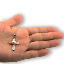 Load image into Gallery viewer, Pink Pearl Cross Pendant – 14k White Gold + Diamonds