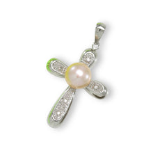 Load image into Gallery viewer, Pink Pearl Cross Pendant – 14k White Gold + Diamonds