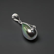 Load image into Gallery viewer, Black Pearl Pendant with Diamond Eyes – 14k White Gold
