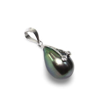 Load image into Gallery viewer, Black Pearl Pendant with Diamond Eyes – 14k White Gold