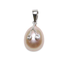 Load image into Gallery viewer, Peach Pink Pearl Pendant with Diamond Eyes – 14k White Gold