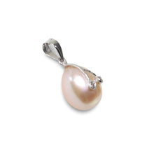 Load image into Gallery viewer, Peach Pink Pearl Pendant with Diamond Eyes – 14k White Gold