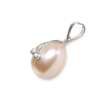 Load image into Gallery viewer, Peach Pink Pearl Pendant with Diamond Eyes – 14k White Gold