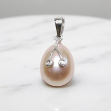 Load image into Gallery viewer, Peach Pink Pearl Pendant with Diamond Eyes – 14k White Gold