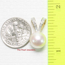 Load image into Gallery viewer, White Pearl Pendant with 6 Diamonds – 14k Yellow Gold Rabbit-Ear Bail