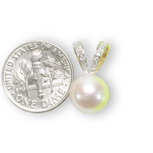 Load image into Gallery viewer, White Pearl Pendant with 6 Diamonds – 14k Yellow Gold Rabbit-Ear Bail