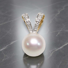 Load image into Gallery viewer, White Pearl Pendant with 6 Diamonds – 14k Yellow Gold Rabbit-Ear Bail
