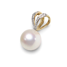 Load image into Gallery viewer, White Pearl Pendant with 6 Diamonds – 14k Yellow Gold Rabbit-Ear Bail