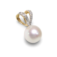Load image into Gallery viewer, White Pearl Pendant with 6 Diamonds – 14k Yellow Gold Rabbit-Ear Bail