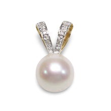 Load image into Gallery viewer, White Pearl Pendant with 6 Diamonds – 14k Yellow Gold Rabbit-Ear Bail
