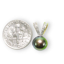 Load image into Gallery viewer, Peacock Pearl Pendant with Diamond – 14k Yellow Gold Rabbit-Ear Bail