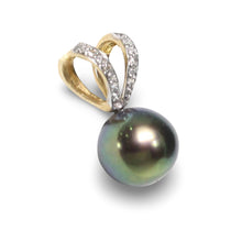 Load image into Gallery viewer, Peacock Pearl Pendant with Diamond – 14k Yellow Gold Rabbit-Ear Bail