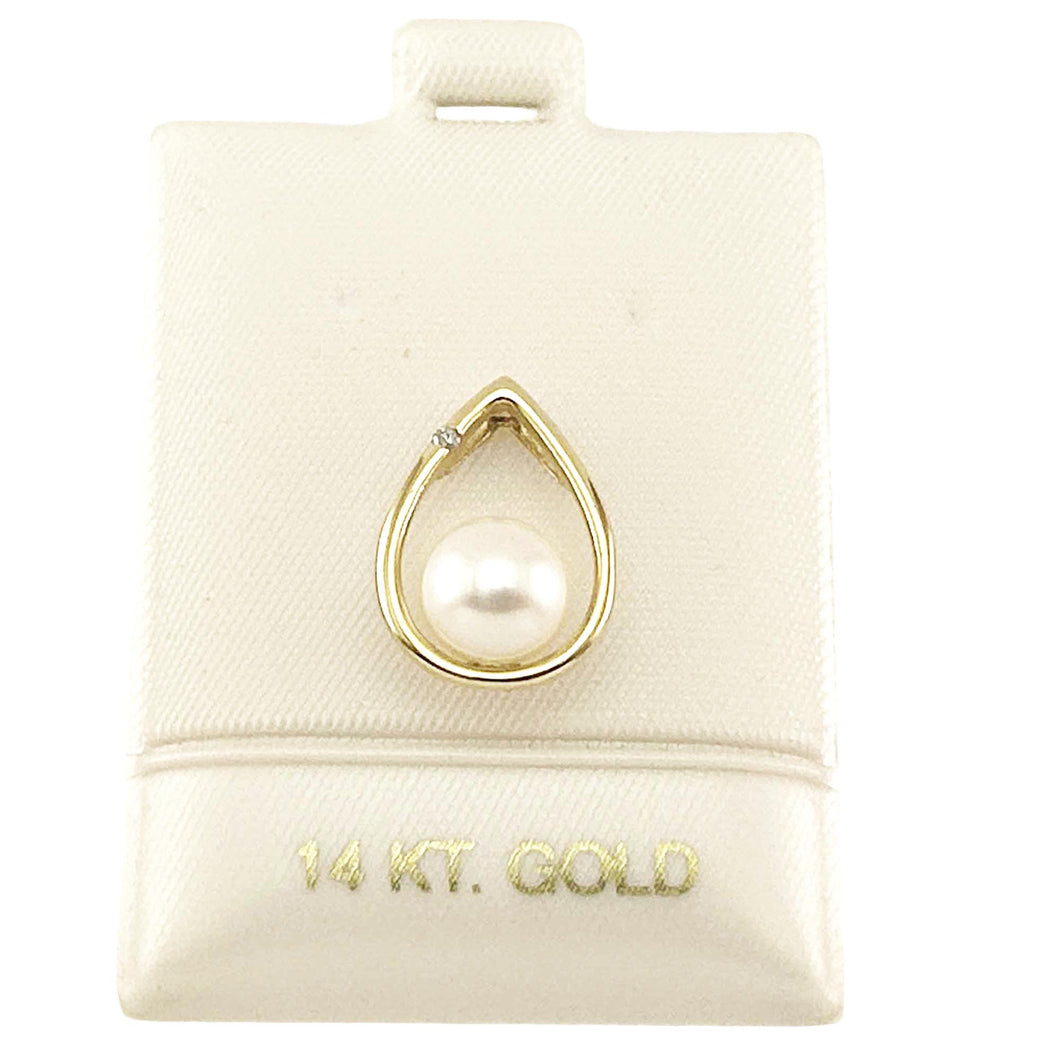 White Pearl Raindrop Pendant with Diamond – 14k Yellow Gold