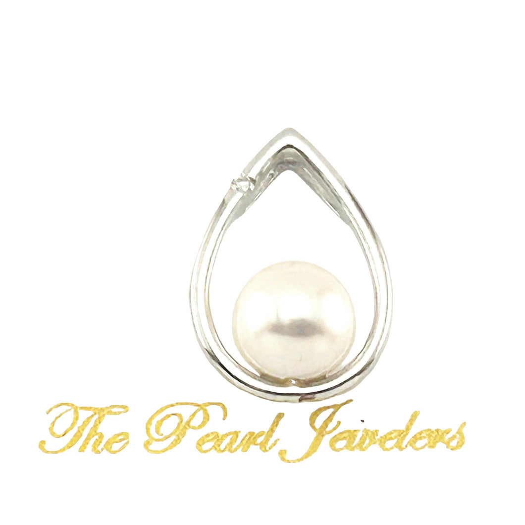 White Pearl Raindrop Pendant with Diamond – 14k White Gold