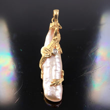 Load image into Gallery viewer, Dragon Wrapped Biwa Pearl Pendant – 14k Yellow Gold with Diamond