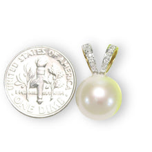 Load image into Gallery viewer, White Pearl Pendant – 14k Yellow Gold with 6 Diamonds