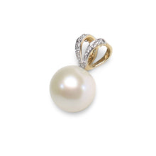 Load image into Gallery viewer, White Pearl Pendant – 14k Yellow Gold with 6 Diamonds