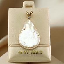 Load image into Gallery viewer, Baroque Coin Pearl Pendant – 14k Yellow Gold Rabbit-Ear Diamond Bail