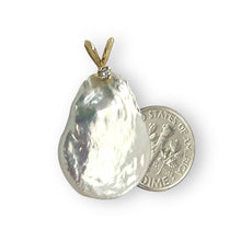Load image into Gallery viewer, 14kt Yellow Gold Rabbit-Ear Diamond Bail Baroque Coin Pearl Pendant