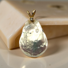 Load image into Gallery viewer, 14kt Yellow Gold Rabbit-Ear Diamond Bail Baroque Coin Pearl Pendant