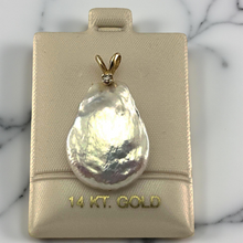 Load image into Gallery viewer, 14kt Yellow Gold Rabbit-Ear Diamond Bail Baroque Coin Pearl Pendant