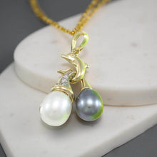 Load image into Gallery viewer, Dolphin Pearl Pendant – 14k Yellow Gold with White &amp; Black Pearls