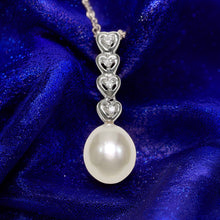 Load image into Gallery viewer, White Pearl Diamond Hearts Pendant – 14k White Gold 8–8.5mm Drop